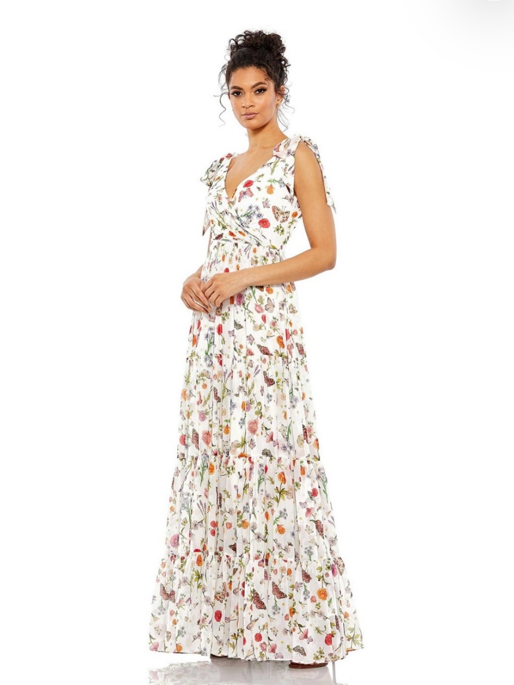 Mac Duggal White Floral Tie-Shoulder Maxi Dress